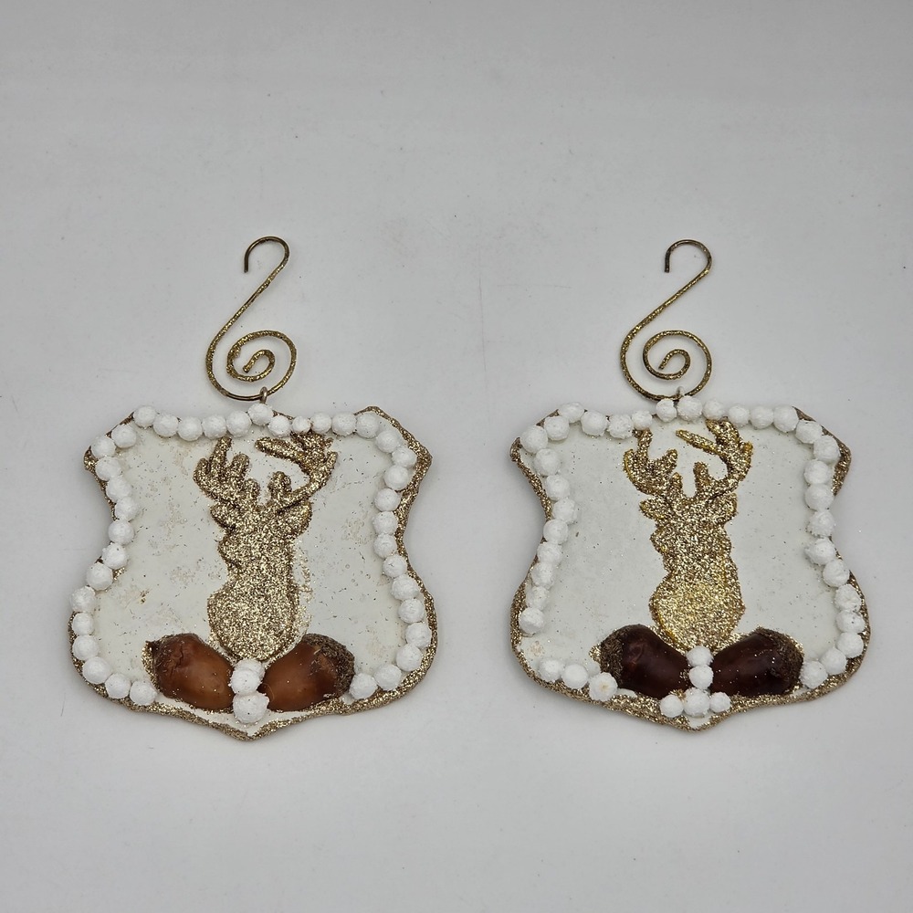 Vintage Lots of 2 Handmade Glittered Deer Christmas Ornaments